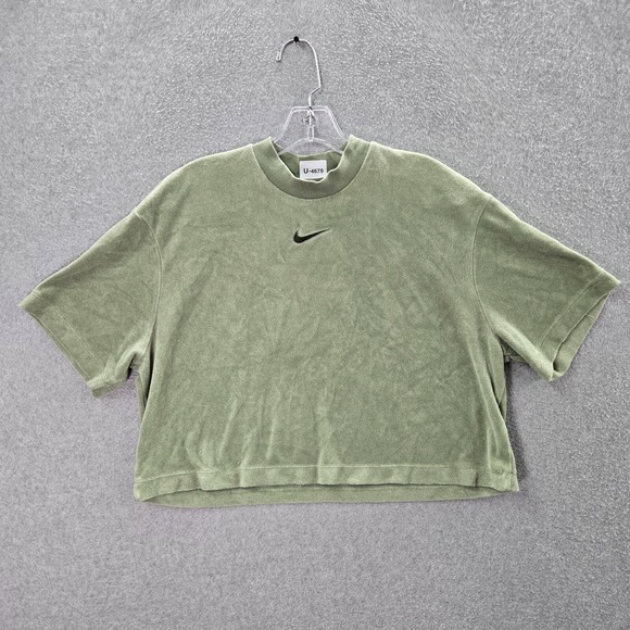 Nike Women Activewear Shirt Small Green Cropped Oversized Center Mini Swoosh - Picture 1 of 11